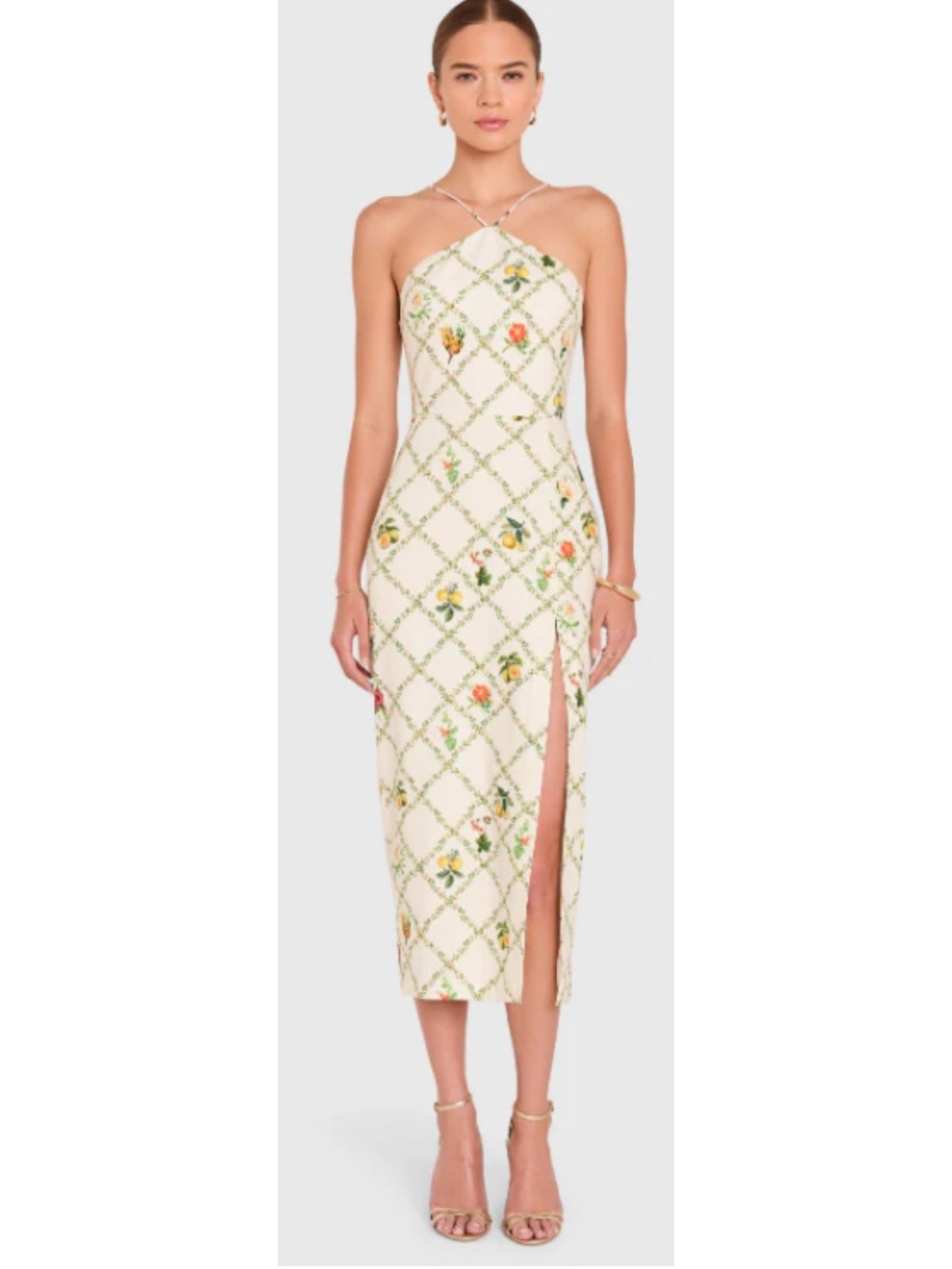 Revolve Amanda Uprichard Abby Midi Dress Trellis Small Linen Fruit Halter Slit - Picture 3 of 15